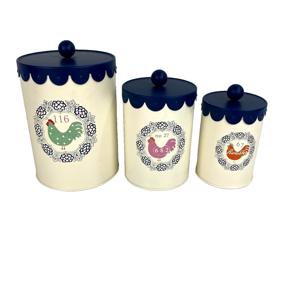 Cost Plus Metal Rooster Set of Canisters 3 Containers Farmhouse Decor Cream Vtg